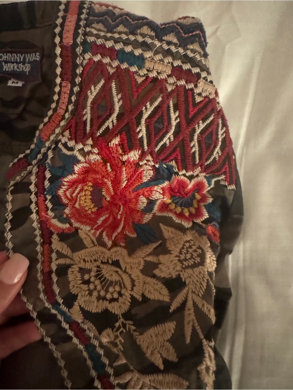 Johnny Was Olive Camo Embroidered Peasant Blouse with Red Floral Accents - Picture 3 of 4